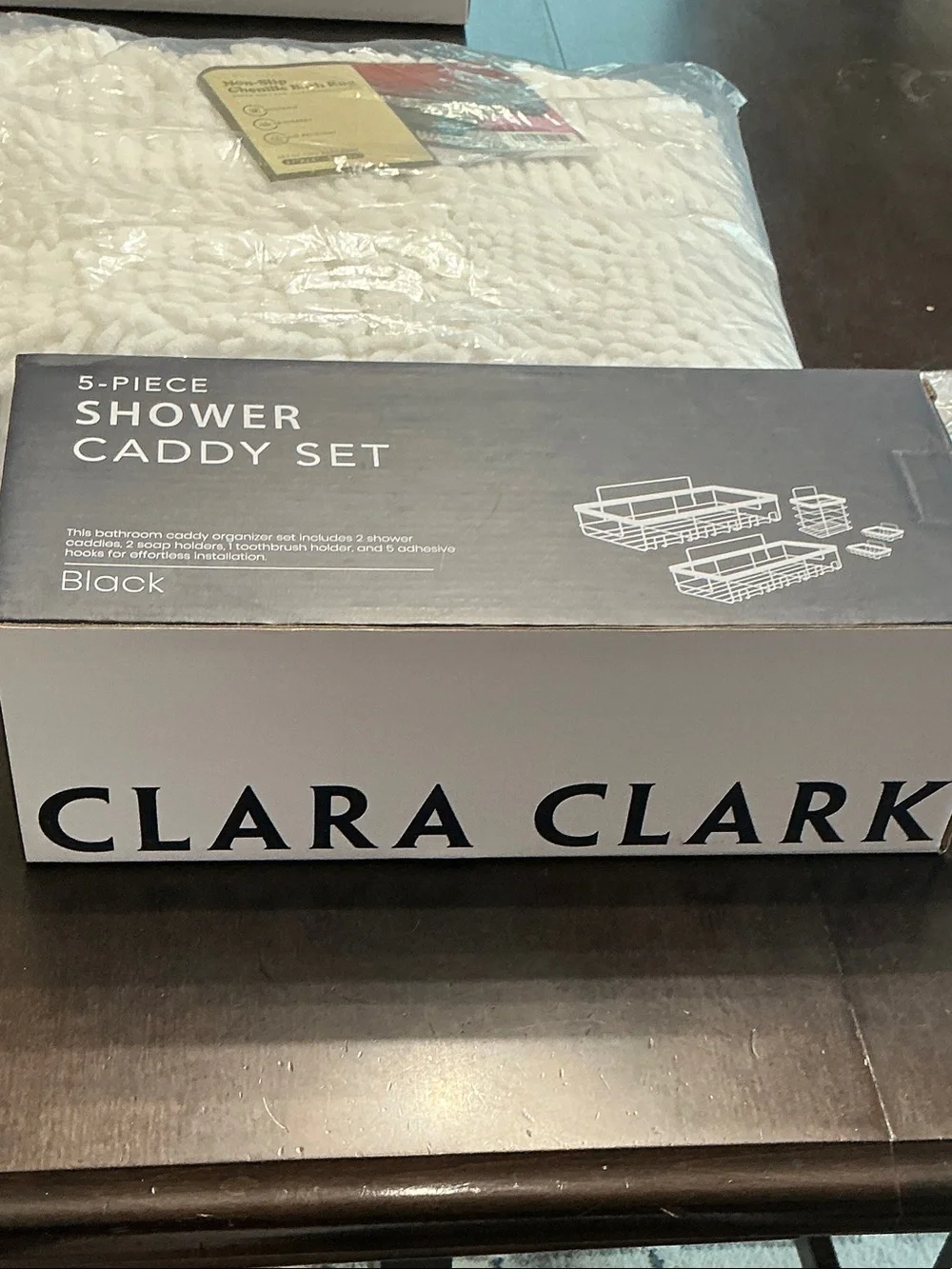 Clara Clark Black Shower Caddy Set with Bath Rugs and Shower Curtain